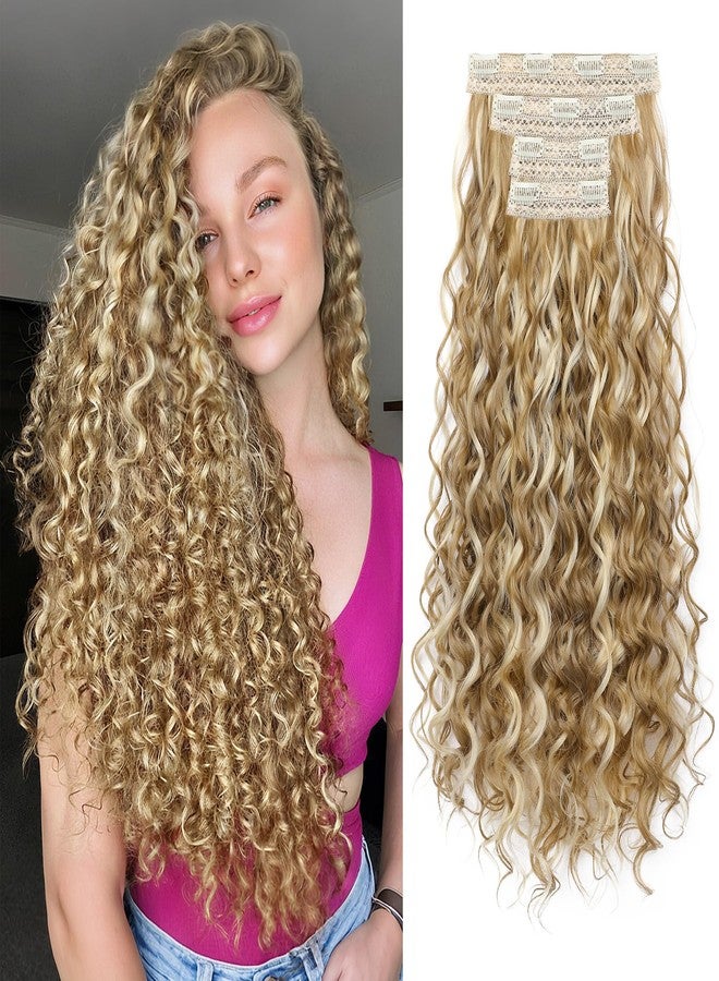 REECHO Curly Clip in Hair Extensions, 4PCS 24 inch Long Hair Extensions Clip ins Lace Weft Natural Hairpieces for Women Daily, Medium Blonde with Highlights - Image 1